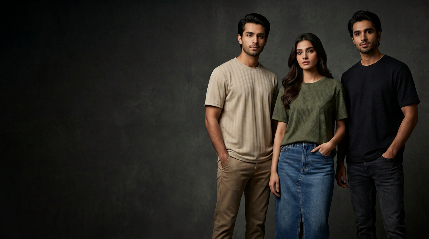 Three models wearing Teeznease tees in beige, olive and black